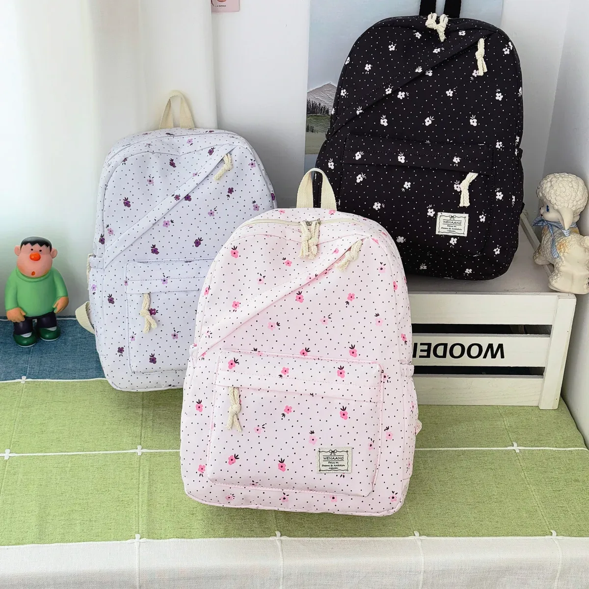 Sac à dos pour fille à pois et fleurs, léger, grande capacité, multifonctionnel, pour étudiants, campus et extérieur