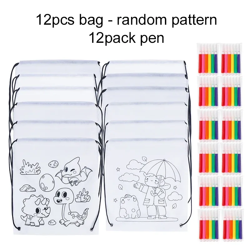 2 à 12 sacs à dos à cordon de serrage avec motifs à colorier, sacs de rangement non tissés pour étudiants, fournitures éducatives, sacs de rangement pour livres de tutoriels tmz