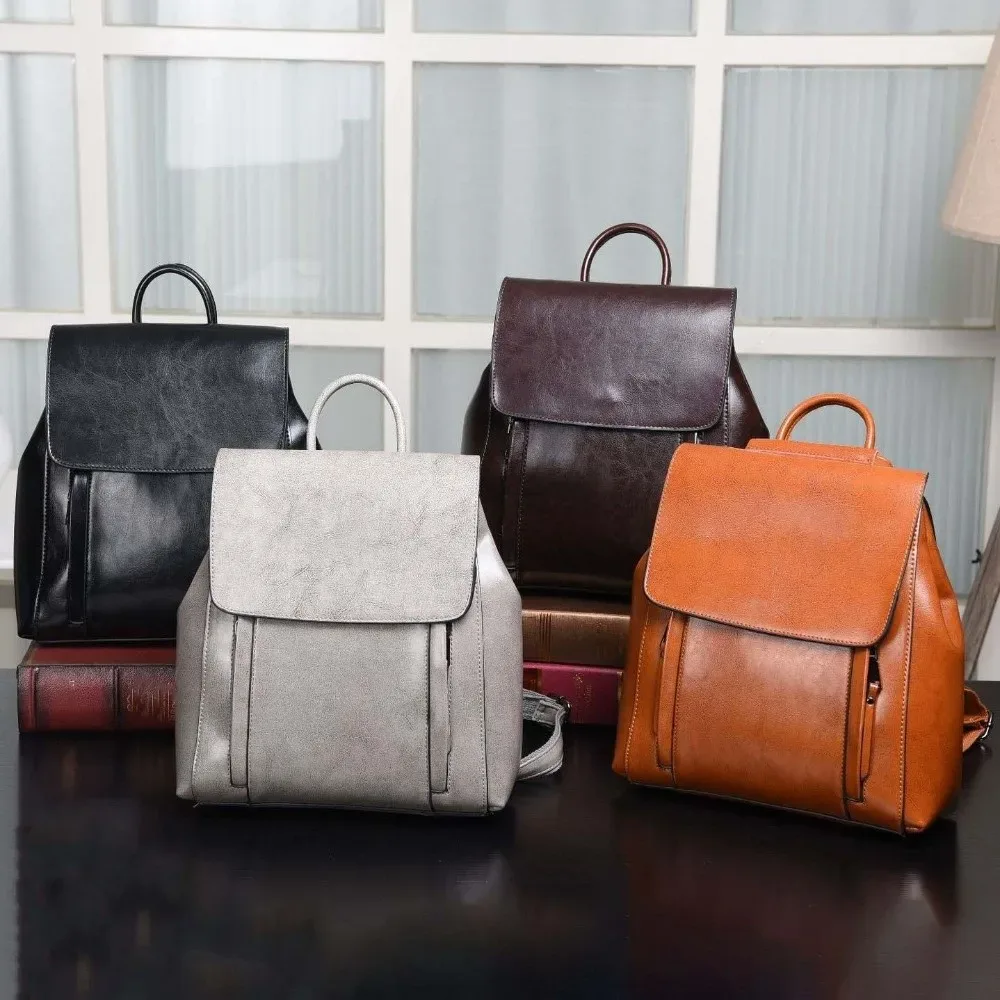 sac à dos rétro en cuir pour femmes, grande capacité, boucle magnétique, sac à dos imperméable multi-poches, sac de voyage antivol