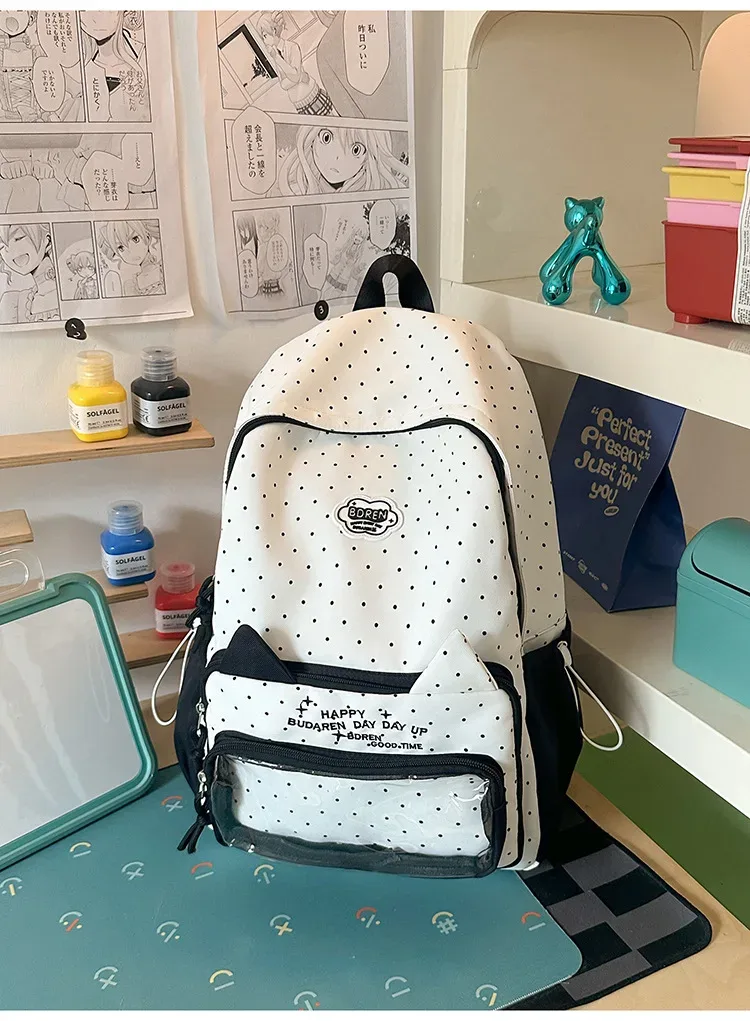 sac à dos mignon à pois avec oreilles de chat, style preppy, en nylon léger, pour filles du collège et du lycée, sac ita décontracté