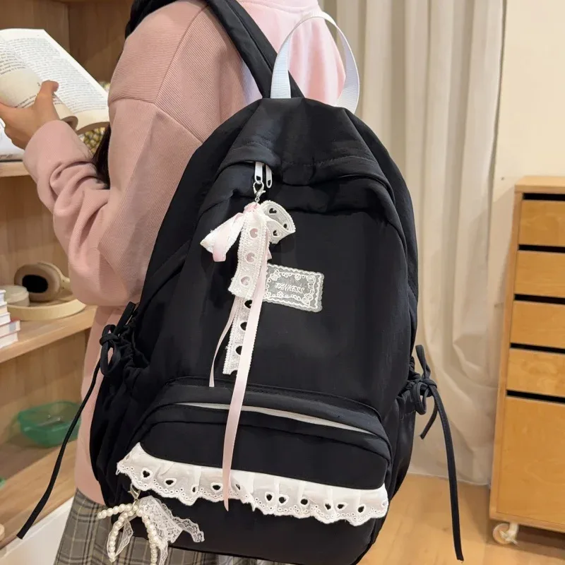 sac à dos élégant pour étudiantes, grande capacité, décontracté, avec nœud, en nylon souple, style preppy, pour filles, idéal pour le shopping et les sorties