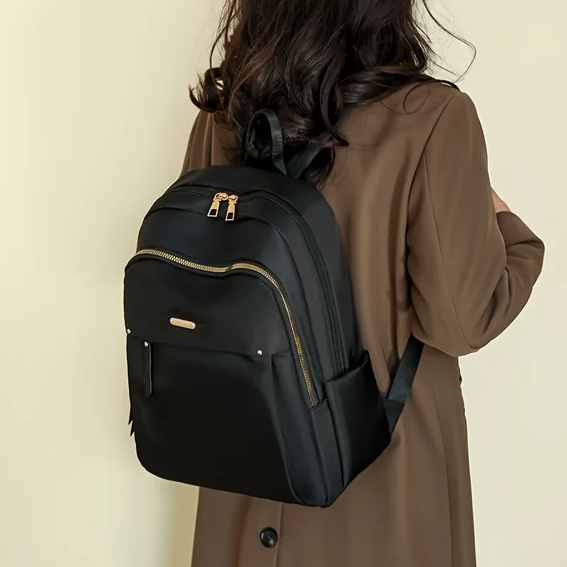 sac à dos en nylon imperméable pour femmes, sac à dos d'école léger, sac à dos de voyage multi-poches, sac à dos élégant pour les loisirs avec fermeture éclair dorée
