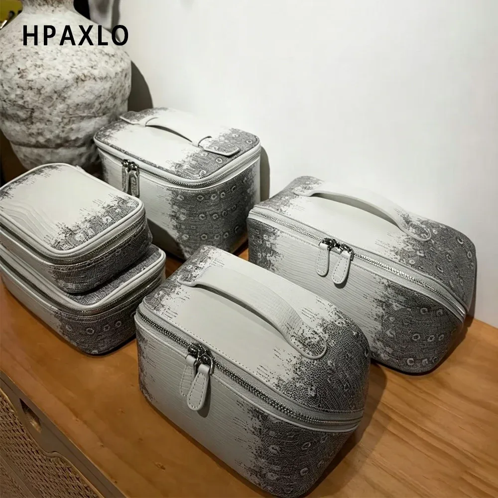 Trousse de Maquillage Quotidienne en Cuir de Vachette Grain Lézard Teinte Himalaya pour Femmes, Légère et Durable avec Fermeture Éclair