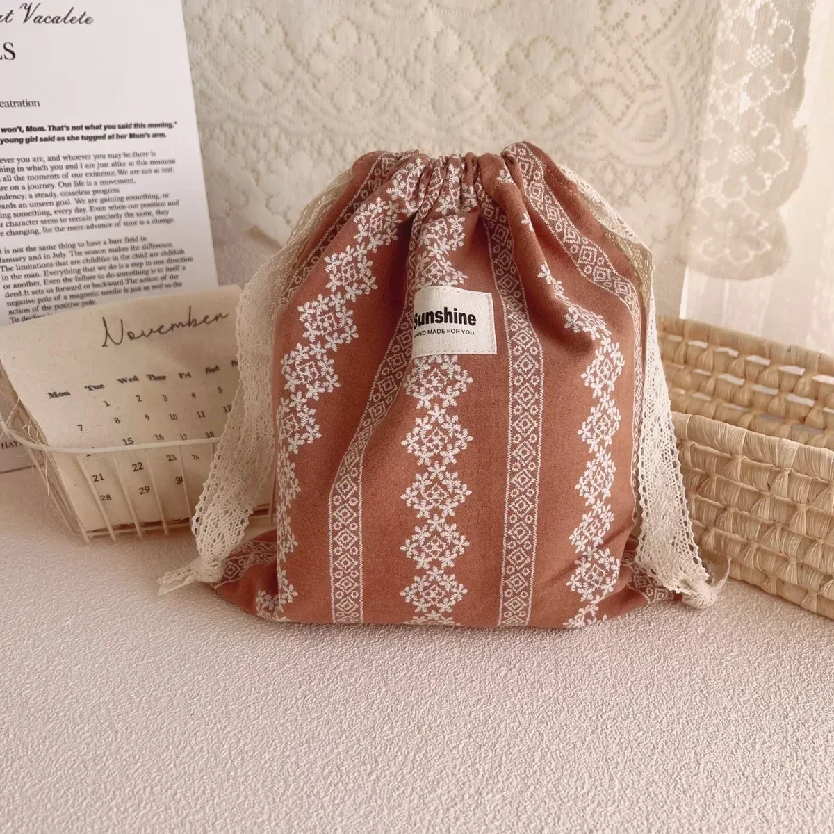 sac de rangement de voyage à proximité extérieure, sac de rangement classé, sacs à cosmétiques à fleurs imprimées, paquet de poche en ficelle de coton