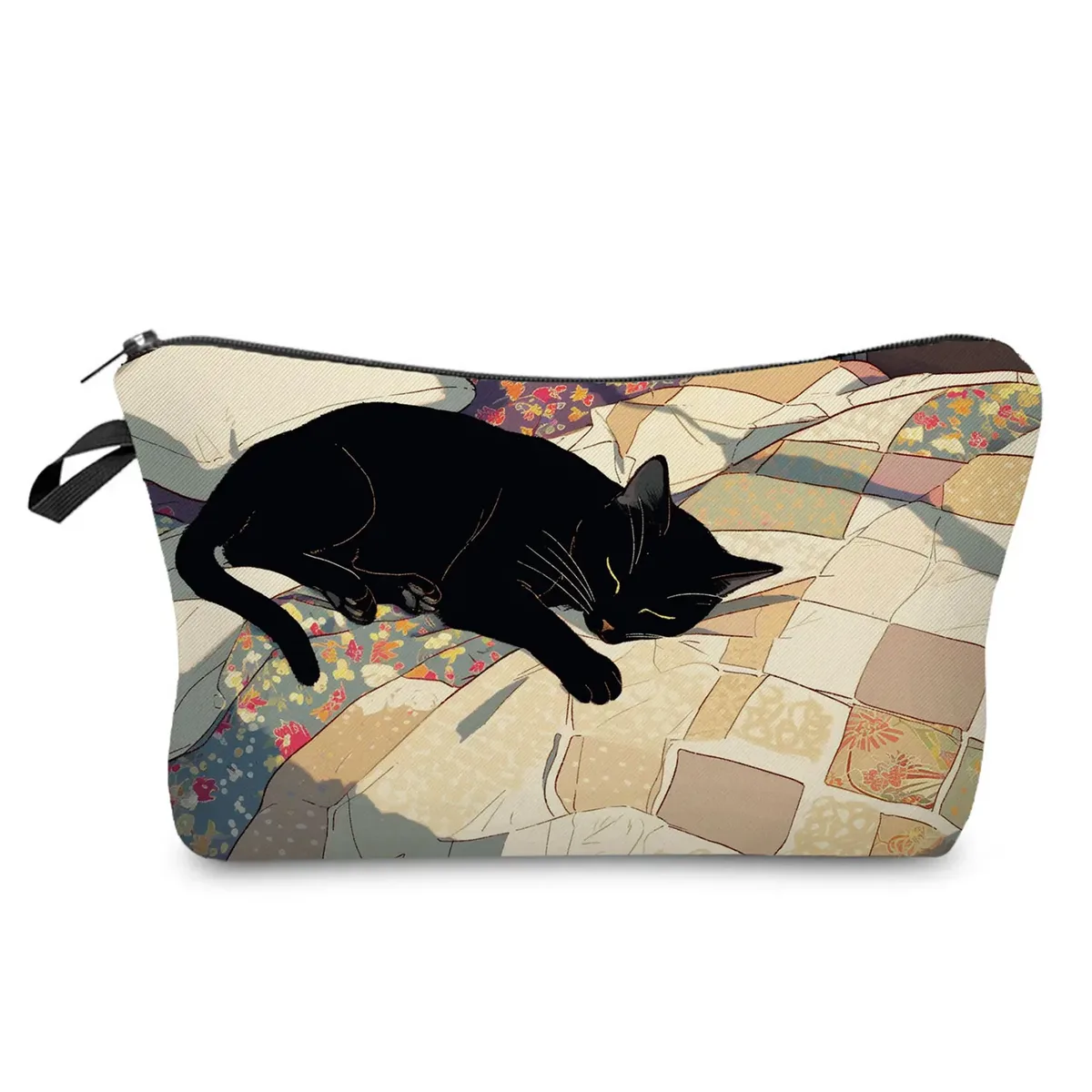 sacs de maquillage college chat noir pour femmes, sacs de rangement portables de voyage, impression d'animaux kawaii décontractés, sacs à cosmétiques double face avec fermeture éclair