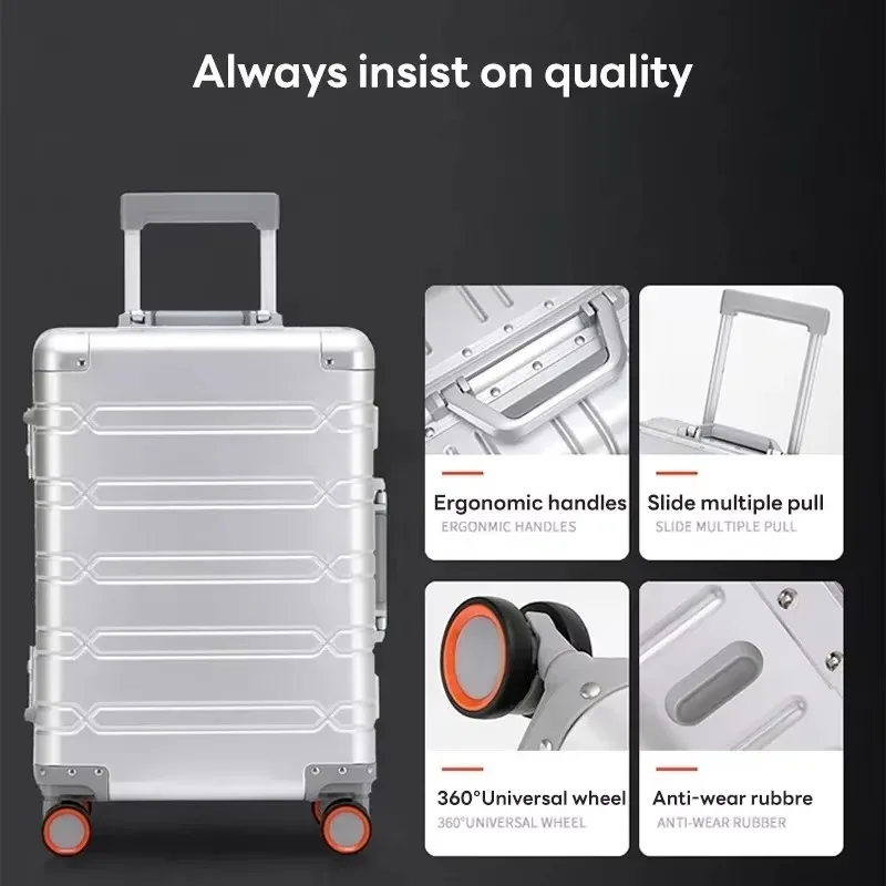 Valise à roulettes 100% aluminium-magnésium, grande capacité, avec roue rotative, boîtier de chariot de voyage, valise à main de 20 pouces