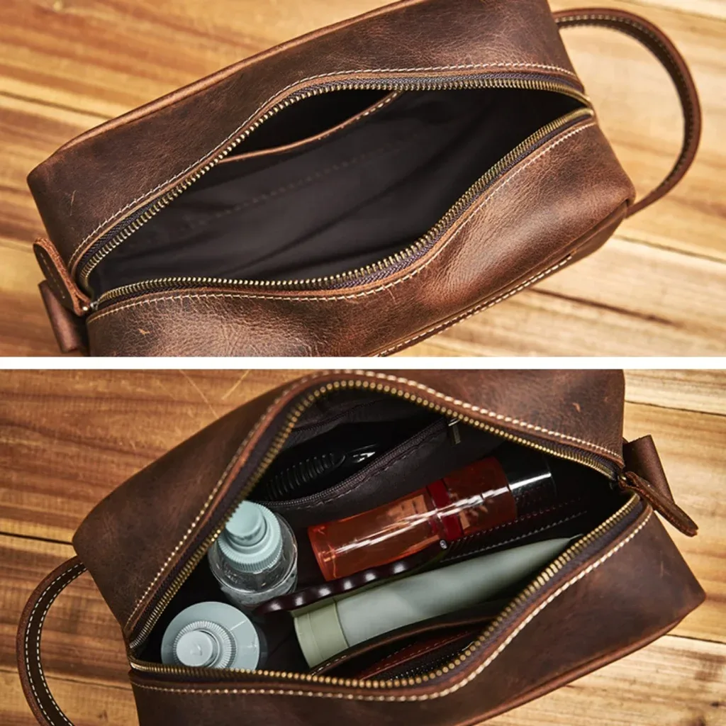 nupugoo-pochette en cuir véritable, sac cosmétique en peau de cheval, sac de lavage multifonctionnel, rangement de loisirs