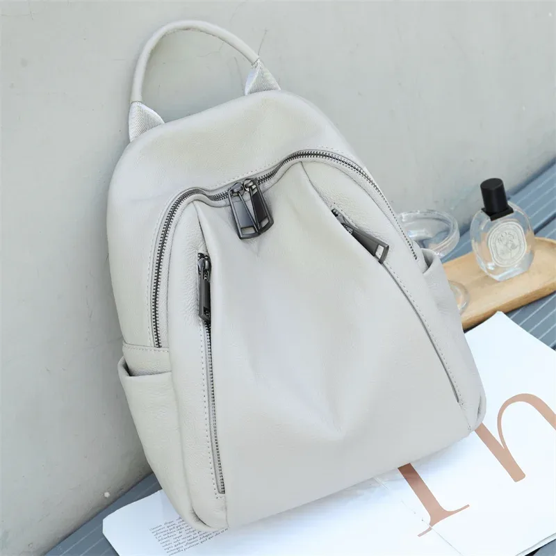 sac à dos décontracté en cuir véritable pour femmes et filles, sac à bandoulière d'école à la mode, motif solide, sac de voyage en cuir de vache