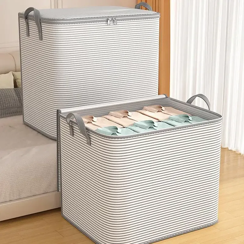 sac de rangement à fermeture éclair rayé gris, grande capacité, anti-poussière, pour usage domestique et rangement classifié