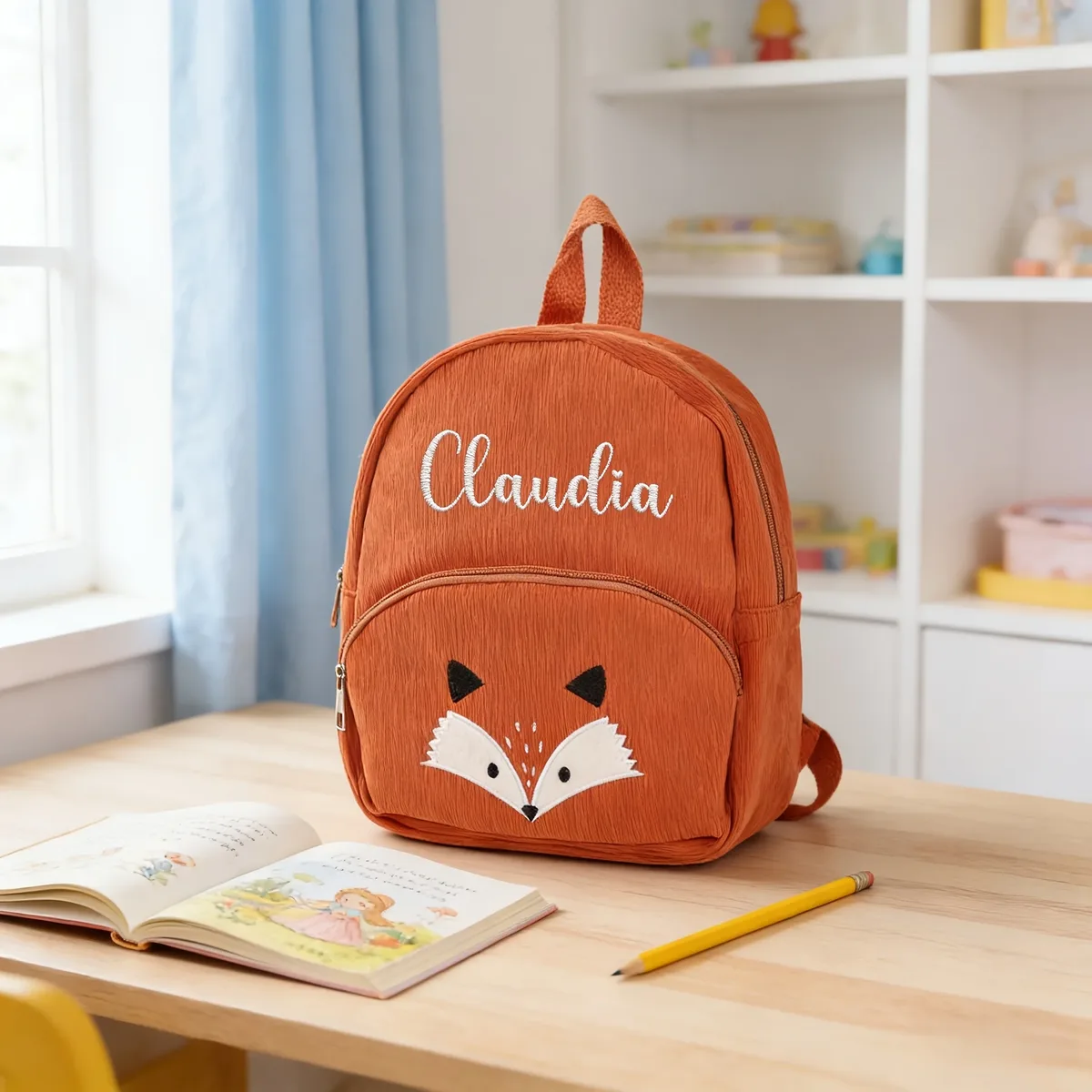 sac à dos personnalisé en velours côtelé avec nom brodé pour enfant, cadeau d'école pour tout-petit, sac d'anniversaire motif ours ou renard