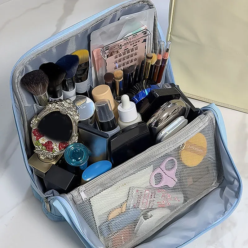 trousse de toilette de voyage avec compartiments, organiseur de maquillage pour femmes, grande pochette pour cosmétiques, soins de la peau, pinceaux et crayons