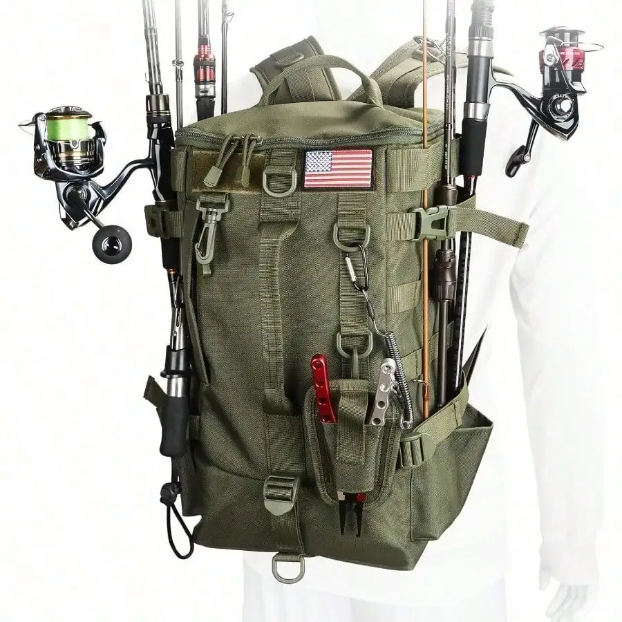 Sac de matériel de pêche avec porte-canne, grand rangement, sac à dos de boîte de matériel pour transporter des matériel et des équipements de pêche, cadeaux pour hommes