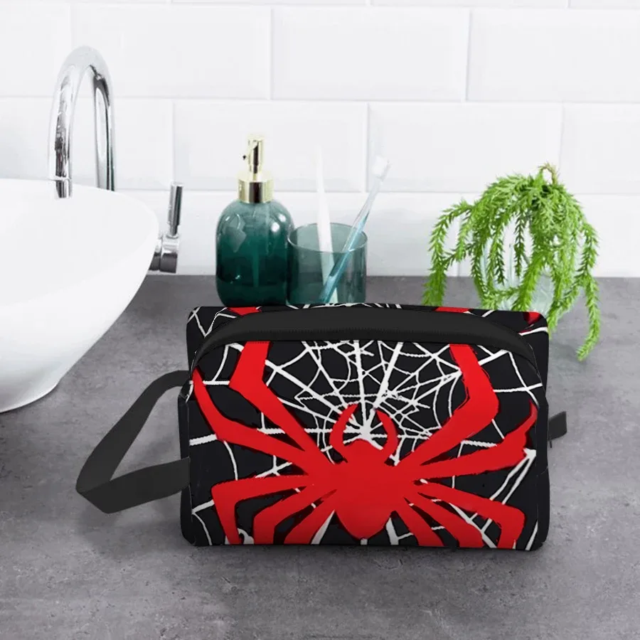 sac à cosmétiques noir à motif d'araignée rouge pour garçons et filles, meilleurs cadeaux, sac de rangement plat 2d en dessin animé pour enfants