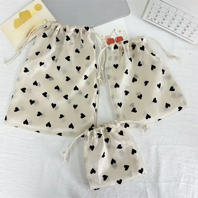 1 pièce sac de rangement portable de voyage, motif à pois et cœurs, sac de rangement à cordon, sac écologique, sac à cosmétiques