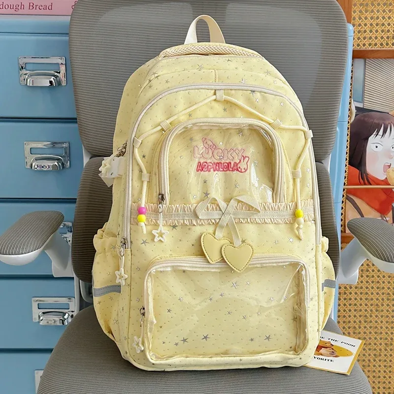 sac à dos pour femmes, sac de voyage multi-poches, joli sac d'école à rayures réfléchissantes avec nœud et étoiles pour adolescentes, sac à livres