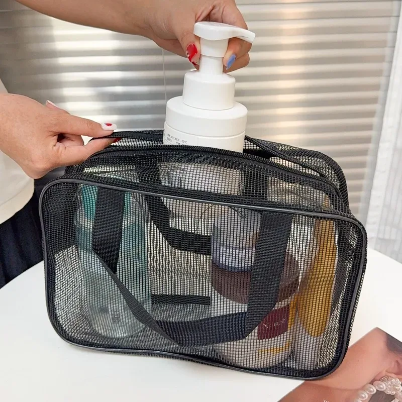 sac de douche en maille, sac de rangement cosmétique, sac de douche multifonctionnel, grande capacité, organisateur de toilette portable
