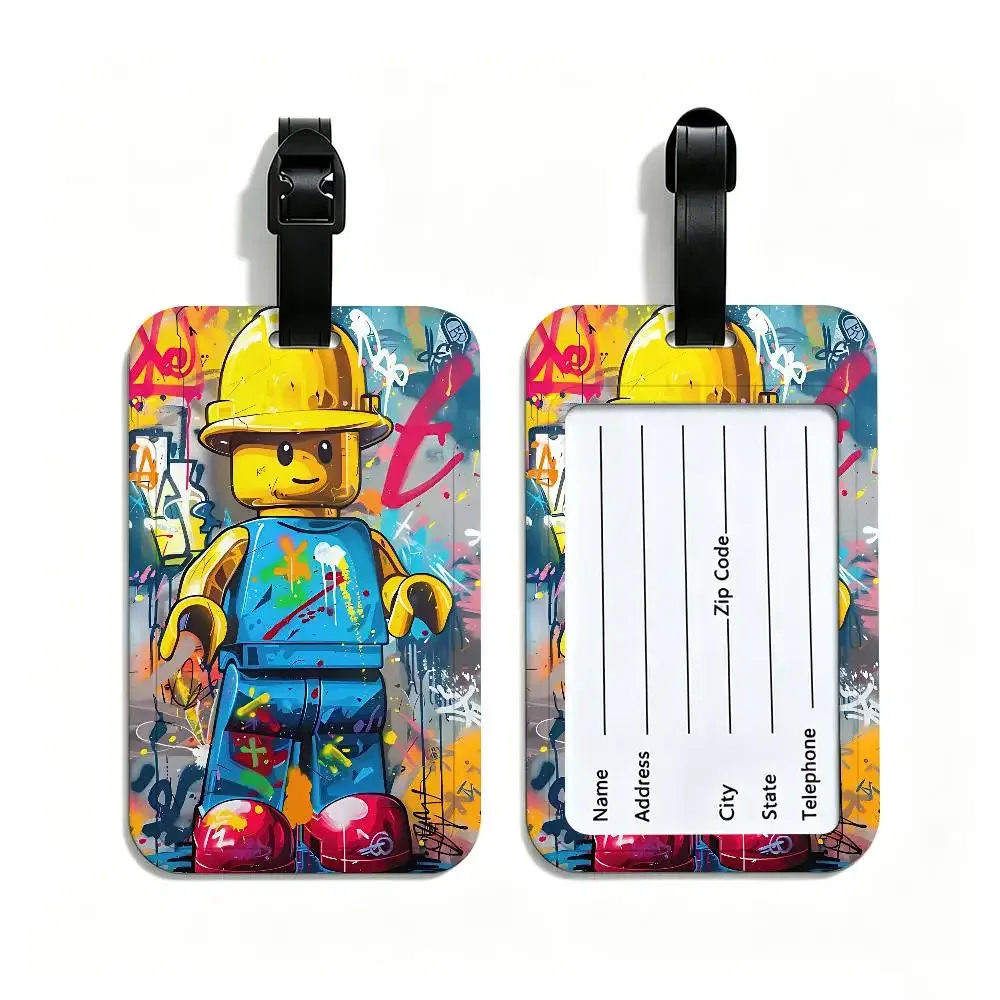 étiquette de valise en pvc anti-perte l-legos avec carte d'information, motif de dessins animés représentant diverses professions, identifiant de bagages léger pour les voyages quotidiens.