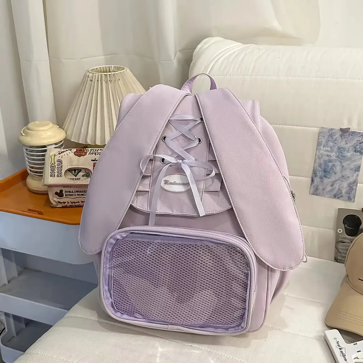 y2k bow oreille de lapin japonais ita sac à dos lolita fille sac transparent mignon haute capacité sac à dos style preppy sac à dos à volants