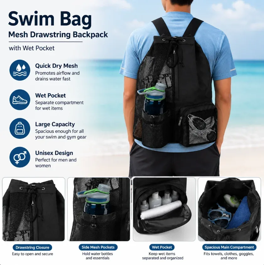 sac de plage à cordon de serrage, sacs à dos de plage pour hommes et femmes, sac à dos d'été pour la natation, la gym et les équipements d'entraînement, unisexe
