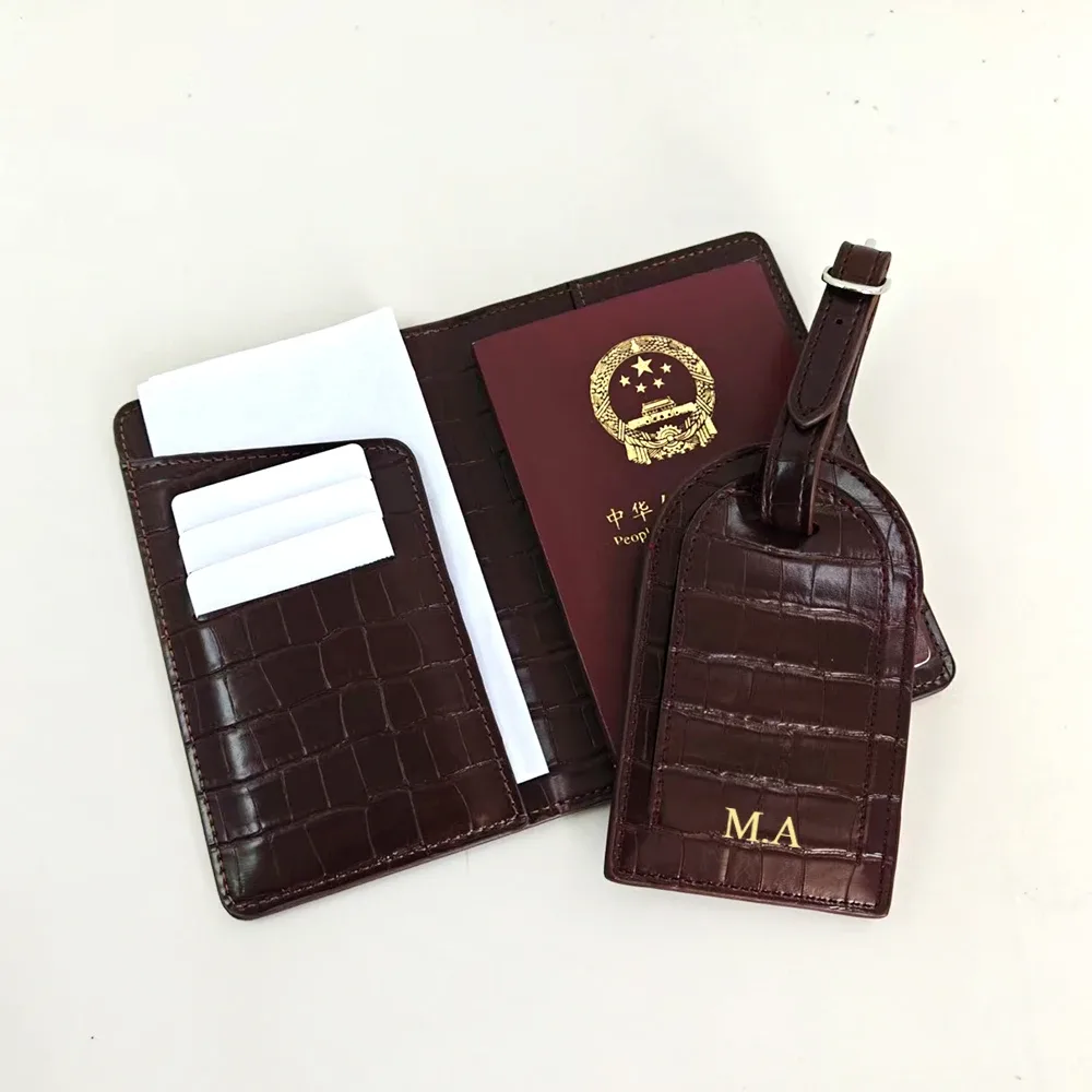 ensemble de porte-passeport et étiquette de bagage en cuir pu, motif crocodile, personnalisable avec lettre, accessoires de voyage de luxe