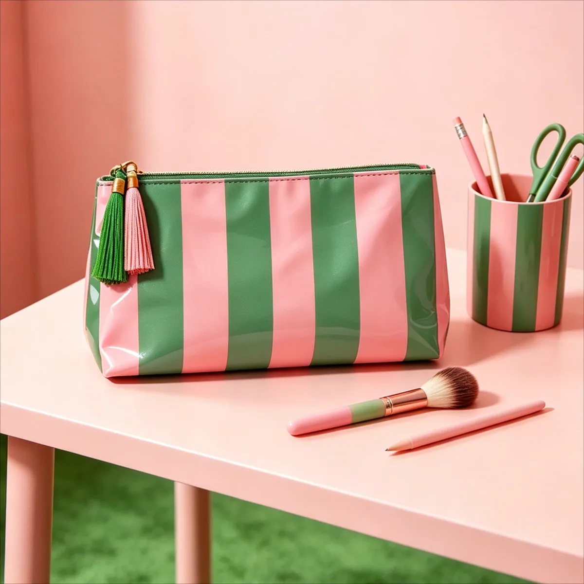 trousse de maquillage classique rayée avec fermeture éclair à franges, sac de voyage pour articles de toilette et soins de la peau, étui à pinceaux en pvc, organisation de voyage