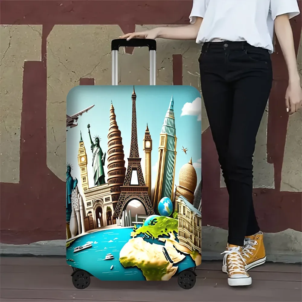 1 housse de bagage imprimée avec des monuments mondiaux, pour bagages de 18 à 32 pouces ; accessoires de voyage vibrants et résistants pour une protection efficace
