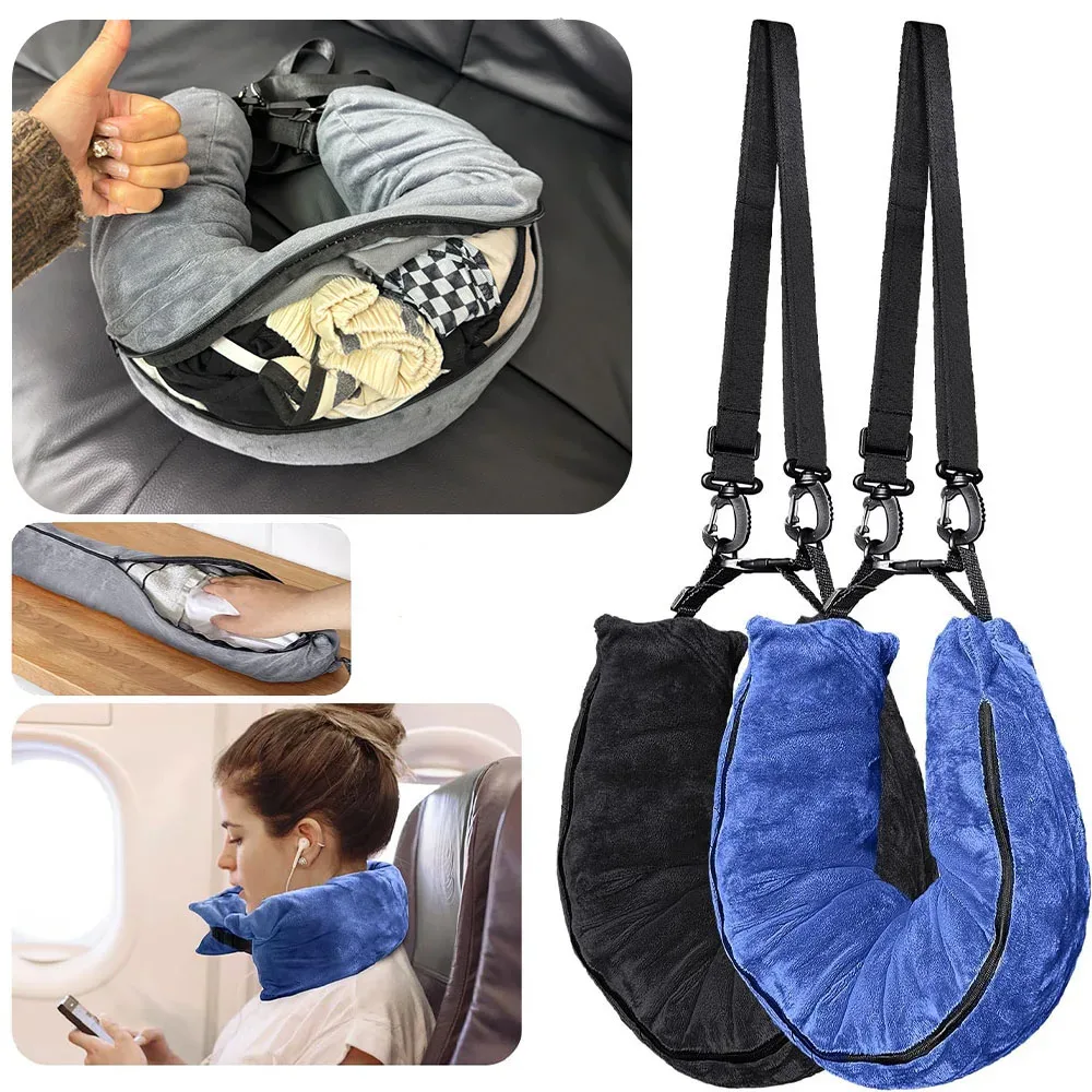 sac de voyage multifonctionnel pour oreiller de cou avec pochette de rangement, oreiller confortable en forme de u, housse d'oreiller de bagage, sac portable