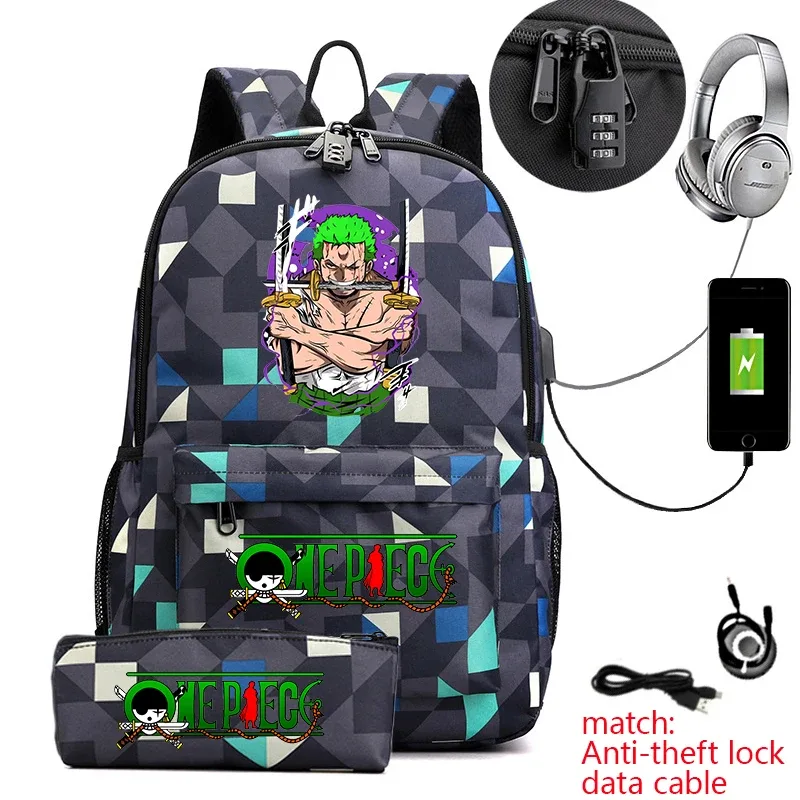 Sac à dos d'école imprimé One Piece Zoro, antivol, pour enfants et adolescents, avec trousse à crayons