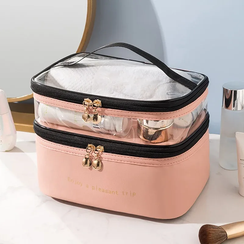 sac de toilette imperméable en pvc pour femme 2026, sac de voyage portable en cuir, grande capacité, organiseur de maquillage de voyage