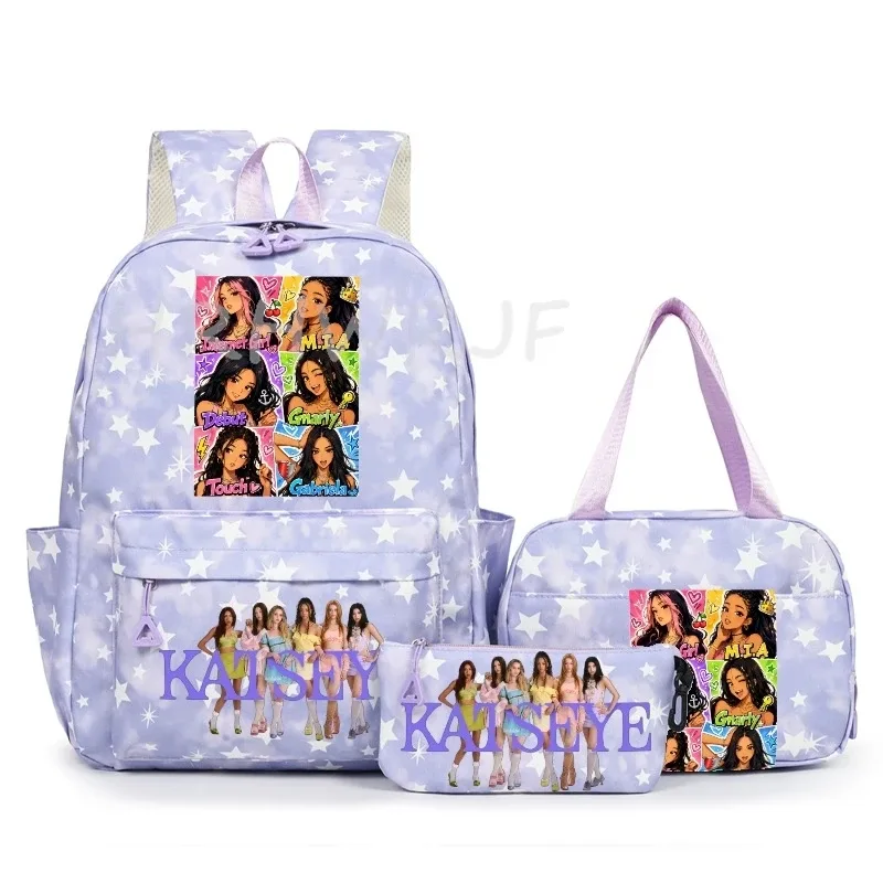 sac à dos katseye à thème musical, 3 pièces, imprimé étoiles roses, cartable amusant pour adolescents, étudiants, femmes, sac à dos pour ordinateur portable, sac de voyage mochila