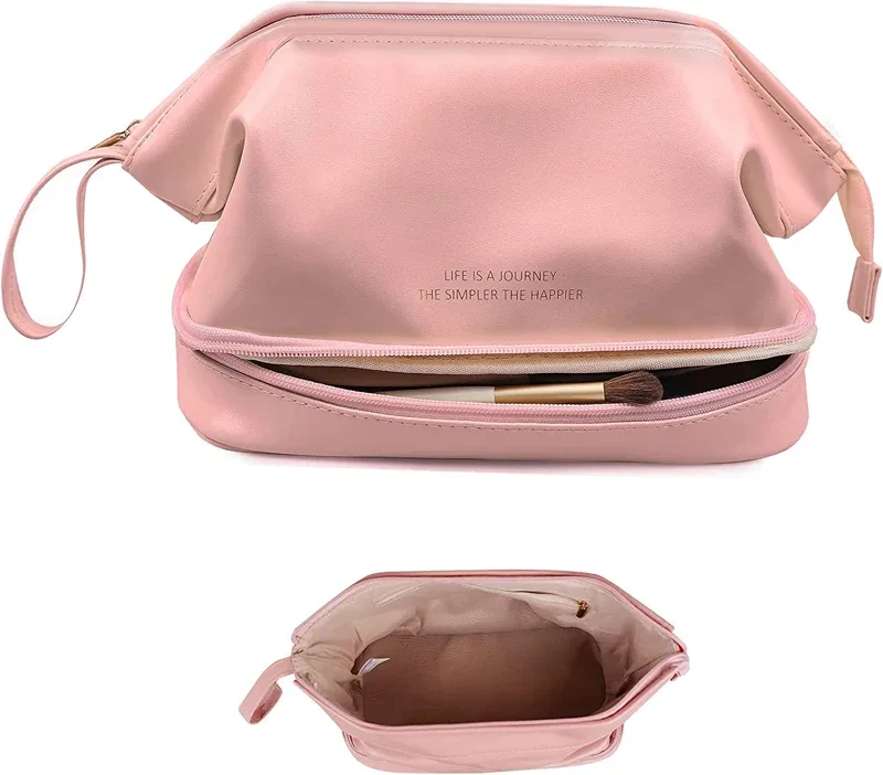 trousse de maquillage en cuir imperméable pour femmes et filles, grande trousse à cosmétiques double couche, trousse de toilette portable, trousse de rangement de maquillage, trousse de voyage