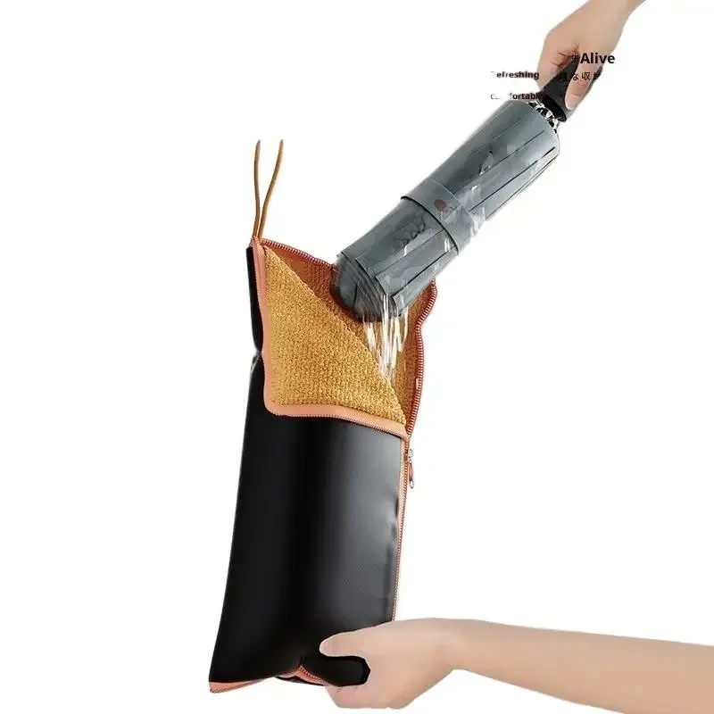 sac de rangement pour parapluie en microfibre, forte absorption d'eau, porte-parapluie pliable avec fermeture éclair et boucle de suspension, lavable à la main