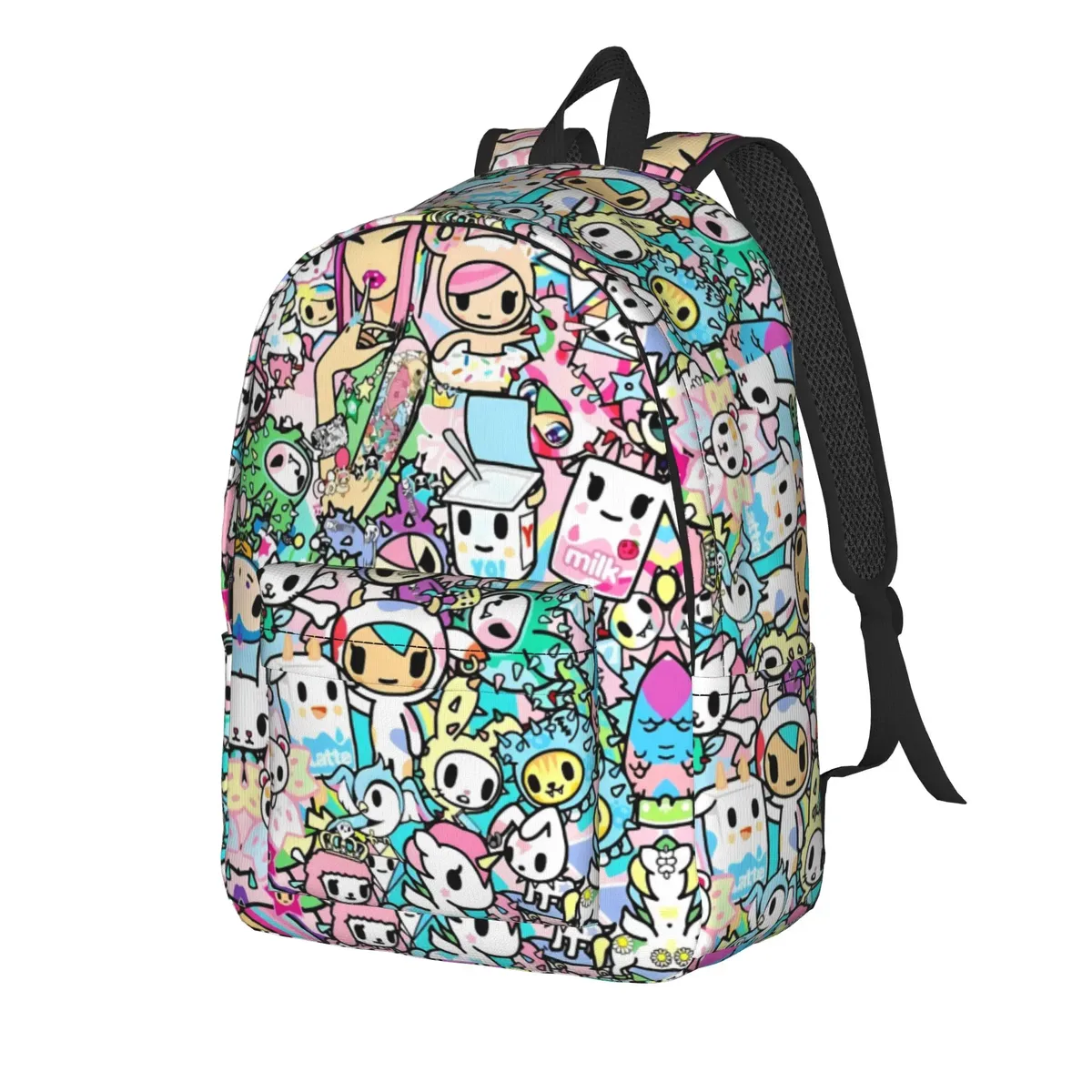 sac à dos tokidoki avec motif de collages de personnages, sacs à dos esthétiques en polyester pour adolescents, sacs de lycée, sacs de voyage colorés