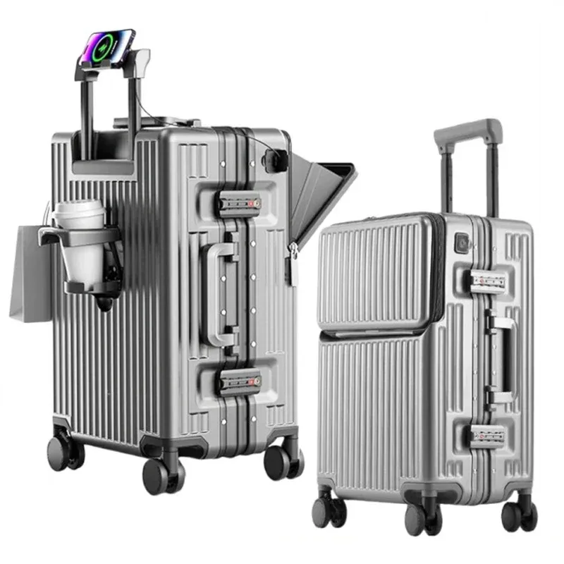 valise à cadre en aluminium, bagage de cabine à ouverture avant avec porte-gobelet usb, boîtier de chariot pou