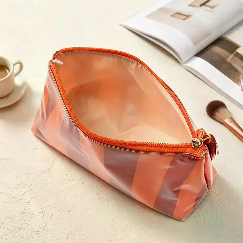 pochette cosmétique rayée en pvc avec franges et fermeture éclair, trousse de toilette imperméable, étui pour pinceaux de maquillage