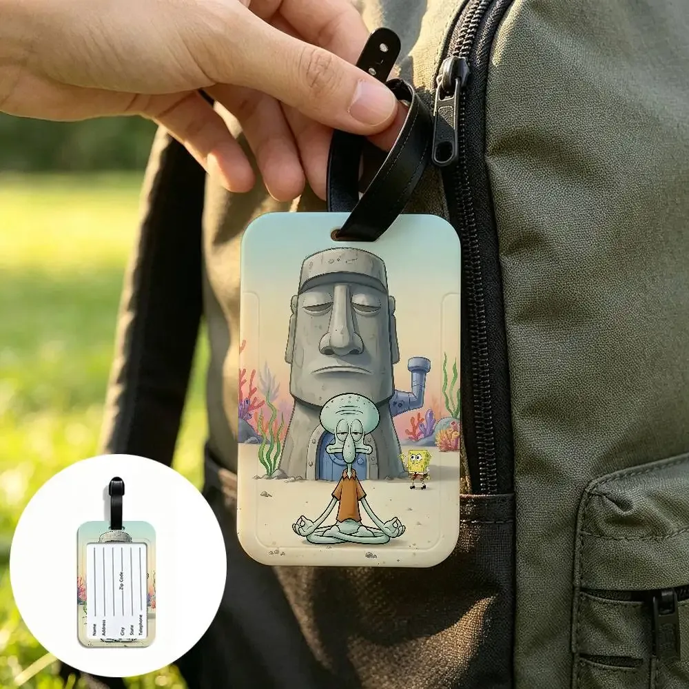 étiquette de bagage portable anti-perte en pvc, motif dessin animé mignon s-spongebob, porte-carte d'informations pour valise, sac à dos, étiquette de voyage