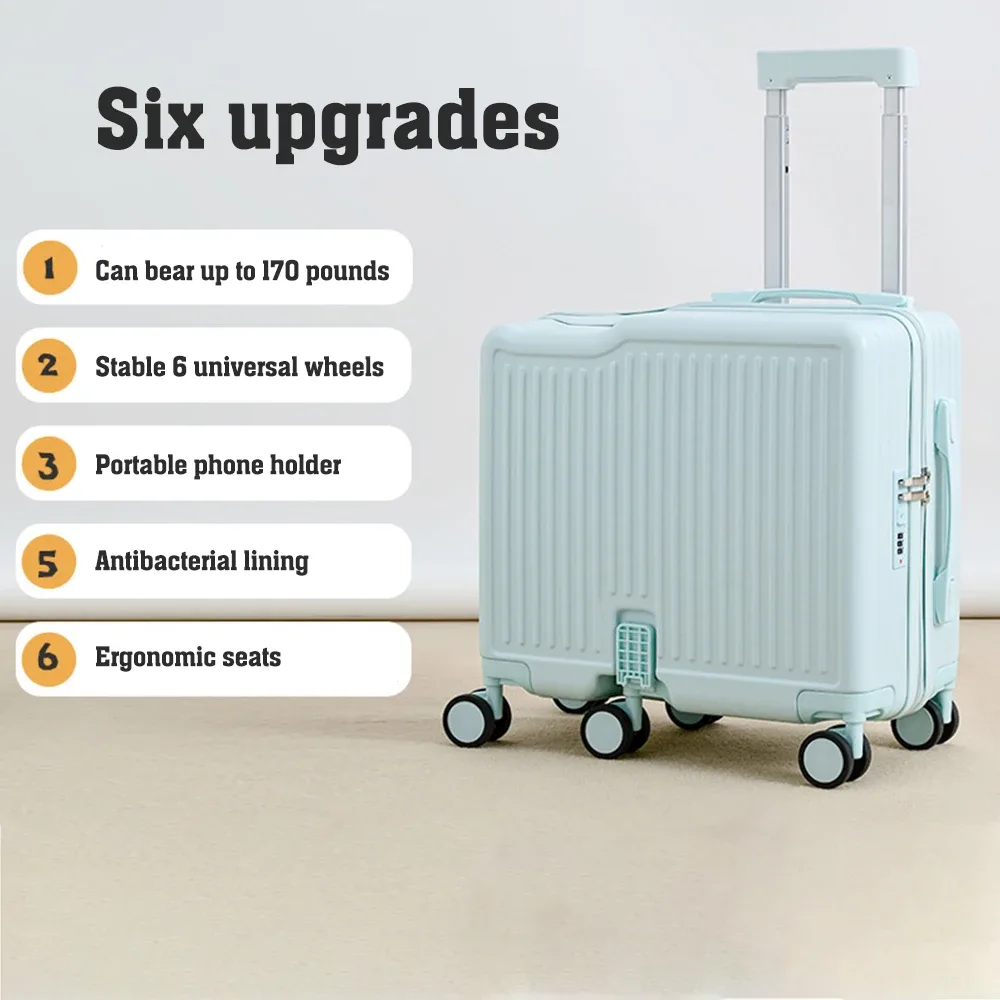 valise à roulettes 18 pouces, bagage cabine portable, 6 roues, fermeture éclair, verrouillable, avec siège intégré pour enfants