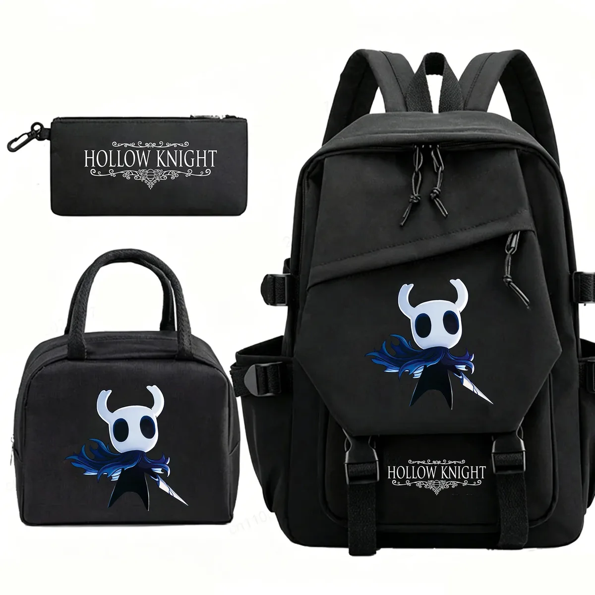 sac à dos hollow knight pour hommes et femmes, sac de voyage, sac à déjeuner, trousse à crayons, ensemble de 3 pièces, cartable pour étudiants