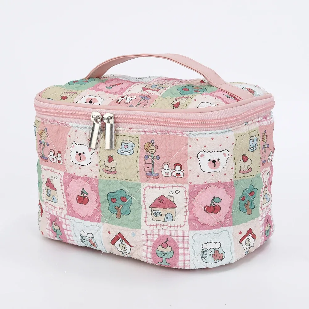 trousse de maquillage mignonne, nouveau style à carreaux avec chat, rangement portable à compartiments, grande capacité pour les voyages et les articles de toilette à porter à la main