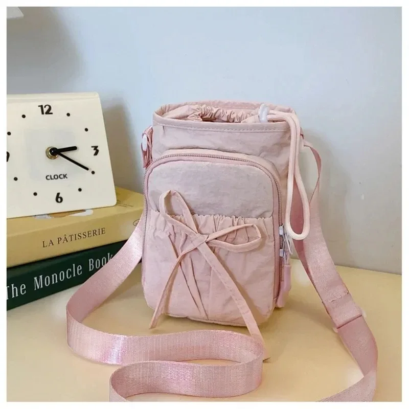 sac bandoulière d'été léger en nylon avec cordon de serrage et nœud, multi-poches, sangle réglable, pochette de rangement pour pièces de monnaie et clés, idéal pour l'extérieur (1 pièce)
