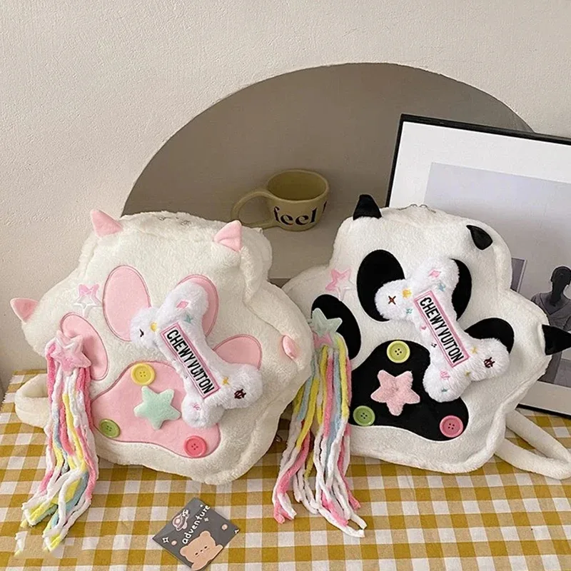 Sac à dos en peluche patte de chat mignon avec bretelles réglables, sac Kawaii en fourrure douce, sac à dos de dessin animé pour femmes et filles, cadeaux de noël