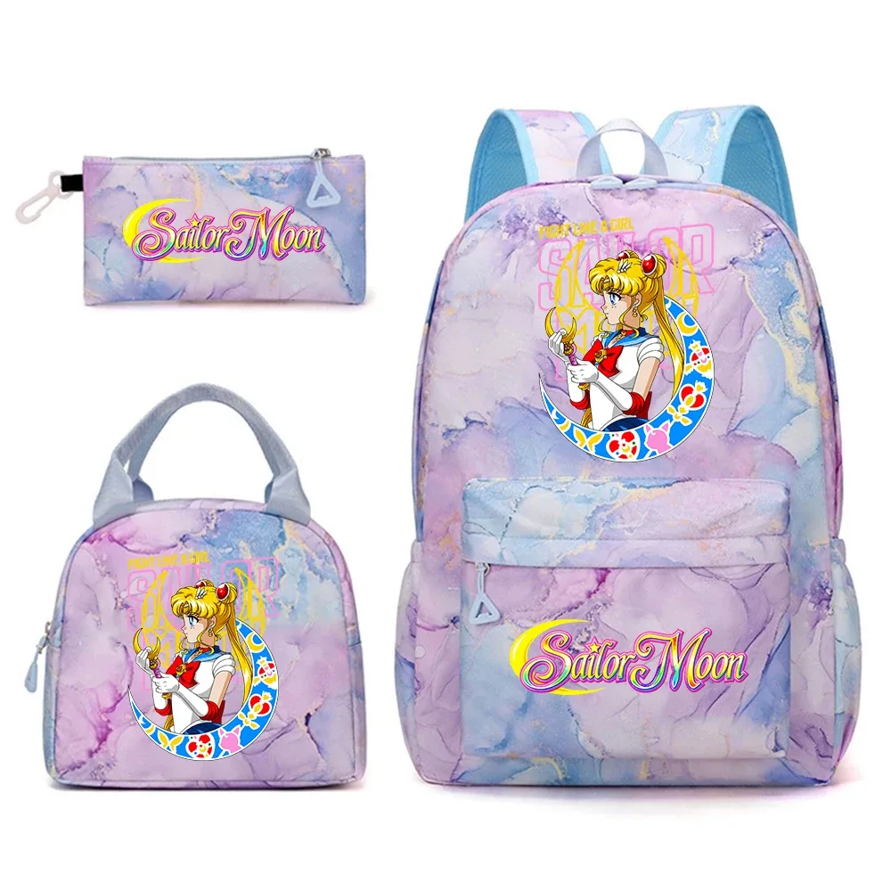 Ensemble de sacs d'école Anime Sailor Moon 3 en 1, sac à dos, boîte à lunch, trousse à crayons, sac à dos Kawaii pour adolescentes, voyage en plein air