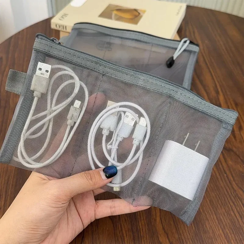 sac de rangement portable en maille pour voyage, pochette de transport pour câbles de données, sac multifonctionnel à trois compartiments pour bijoux, accessoires, cosmétiques et cartes