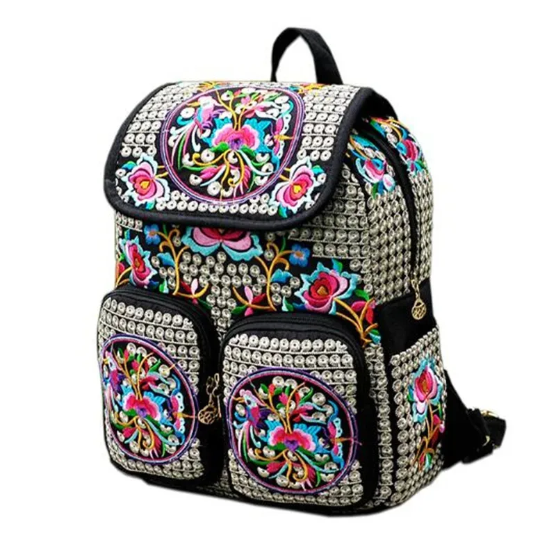 sac à dos vintage en toile brodée florale, sac à dos ethnique décontracté pour filles avec plusieurs poches, cartable à rabat, sac de voyage pour dames