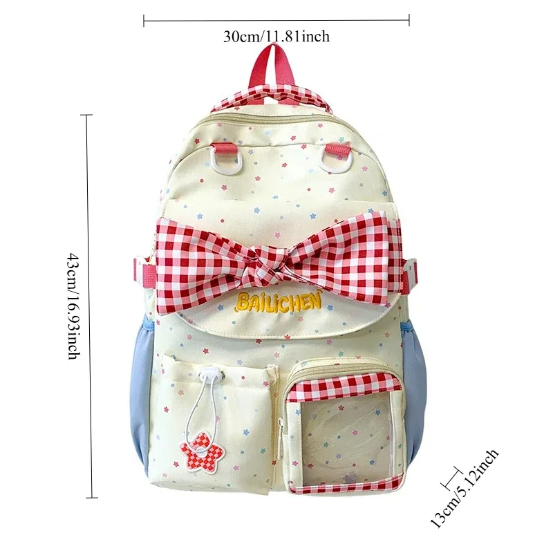 sac à dos en nylon pour adolescente, style coréen, avec nœud papillon, imprimé à carreaux et lettres, grande capacité, pour voyage et école