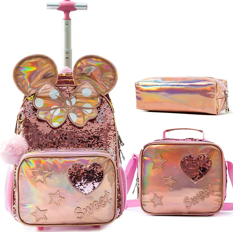 Sac de voyage sac de chariot d'école avec sac à déjeuner ensemble de trousse à crayons ensemble de sac à dos roulant d'école pour filles sac à dos à roulettes d'école pour les filles