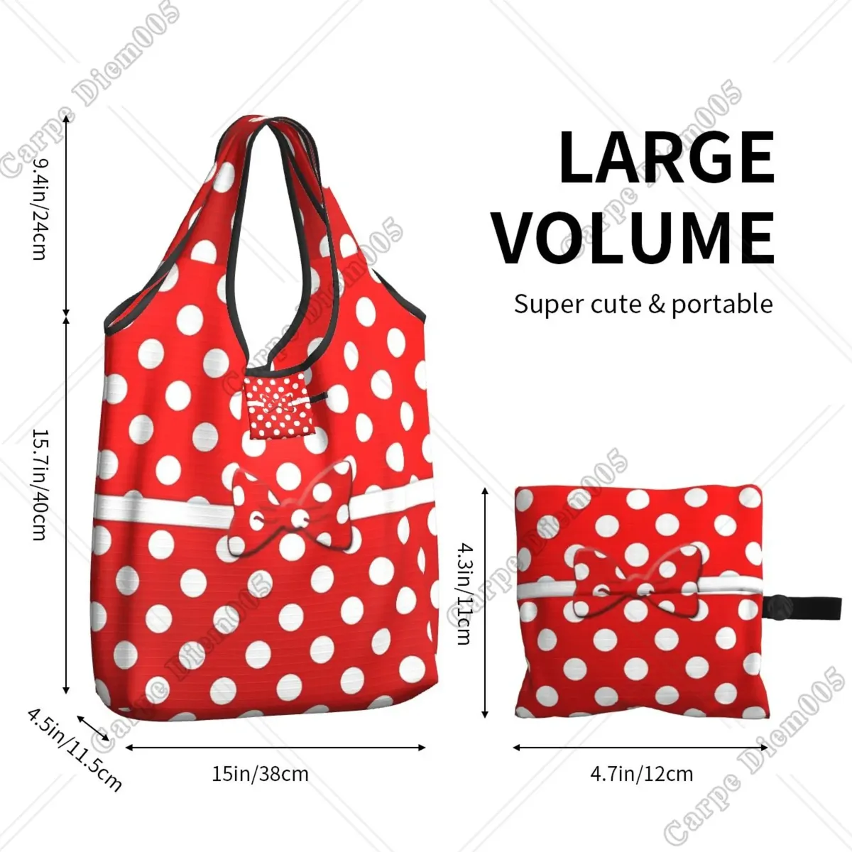 sac à provisions rick cartoon pour femme, sac fourre-tout pliable, sacs d'épicerie portables, respectueux de l'environnement, taille unique, pois, nœud