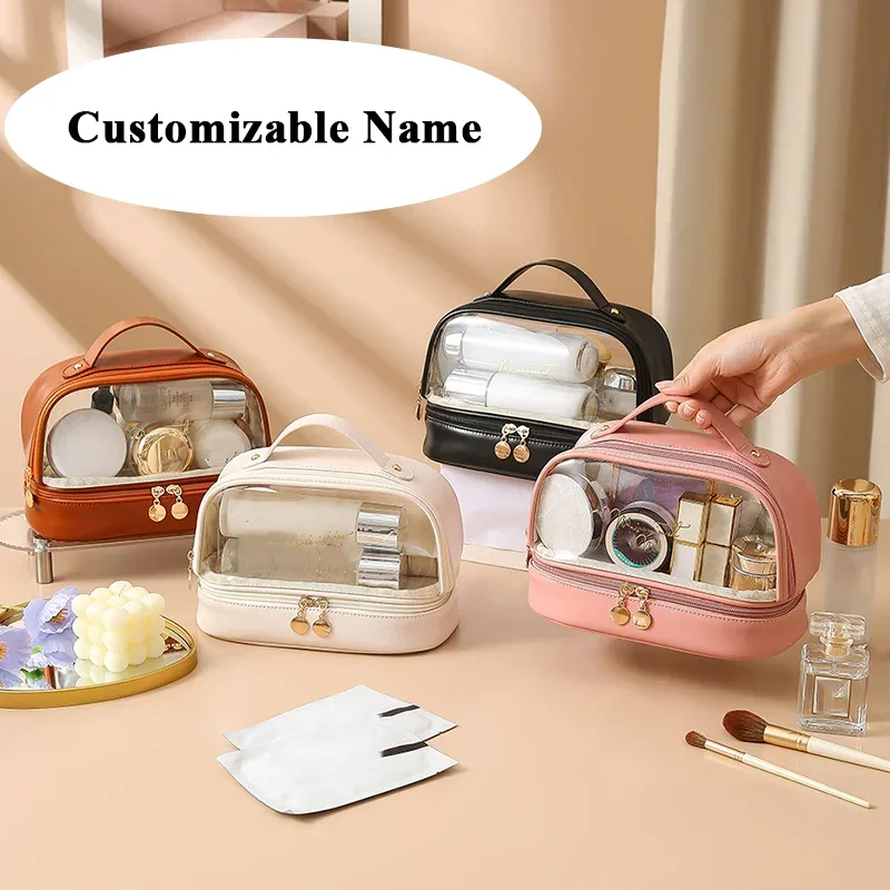 Sac de maquillage lanterne lettre personnalisable, sac de rangement de voyage Portable de grande capacité, trousse de toilette Portable Double couche en PU