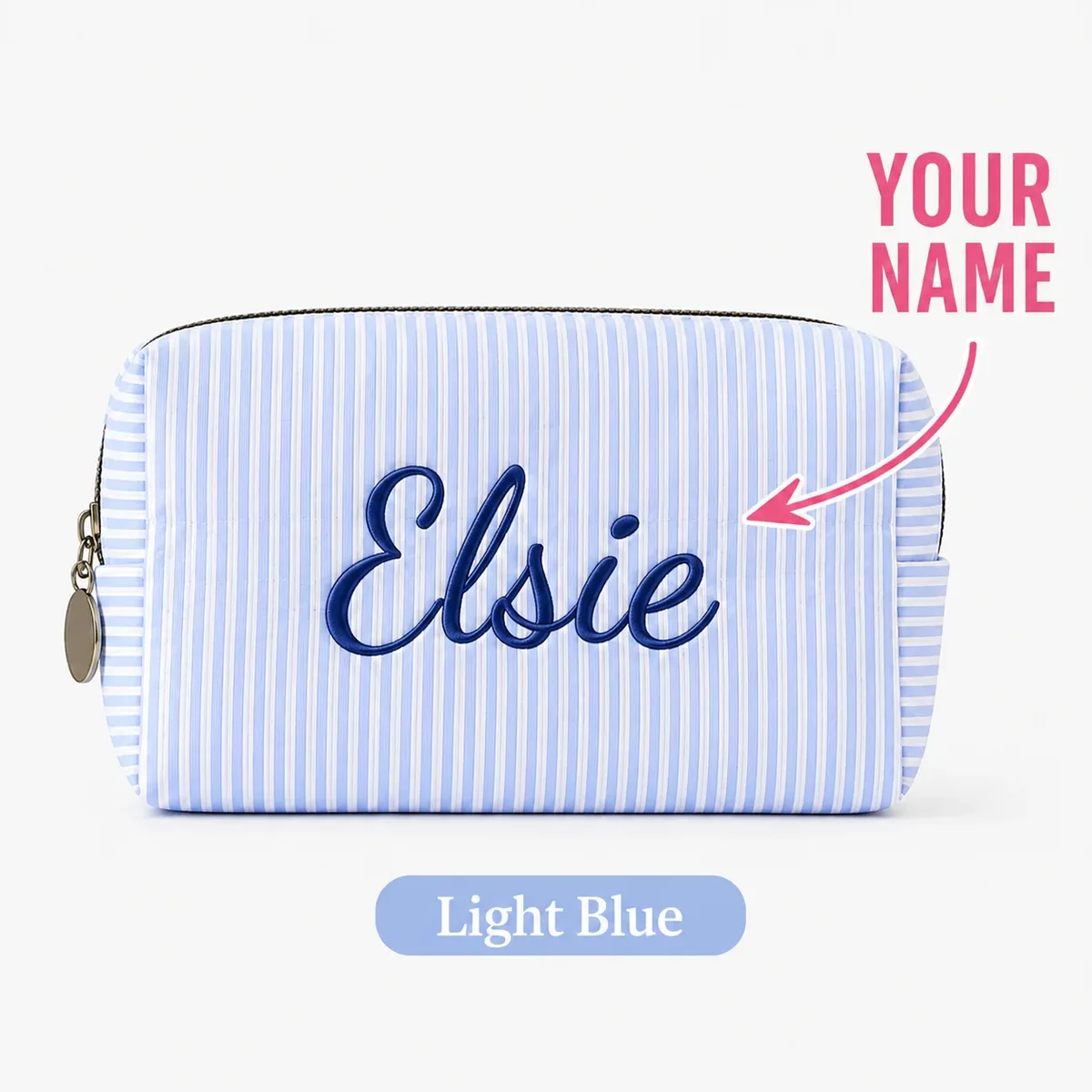trousse de maquillage personnalisée avec nom pour femmes, pochette cosmétique rayée avec fermeture éclair, sac de rangement personnalisé pour articles de toilette de voyage