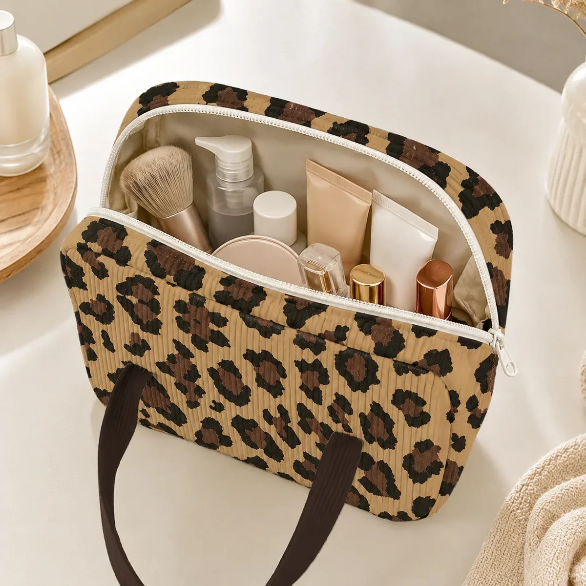 trousse de maquillage léopard côtelée à imprimé animal, organisateur de maquillage, trousse de toilette de voyage, sac de rangement beauté, pochette cosmétique portable
